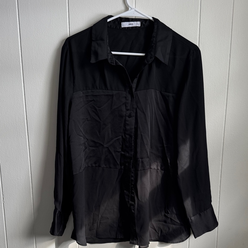 Mango Semisheer Black Chiffon Button-Up Sz XL